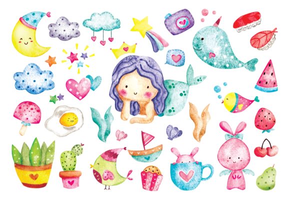Cute Things Doodles: Watercolor Vector Illustrations