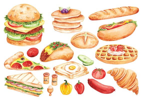 Fast Food Doodle in Watercolor Vector Review