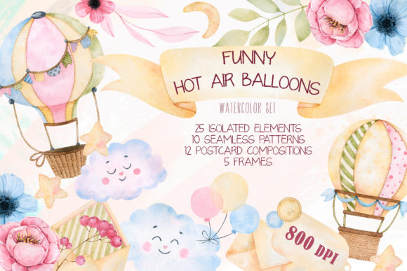 Funny Hot Air Balloons Watercolor Set & Illustrations