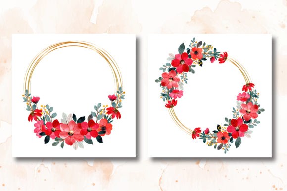 Red Floral Watercolor Wreath with Frame Illustrations