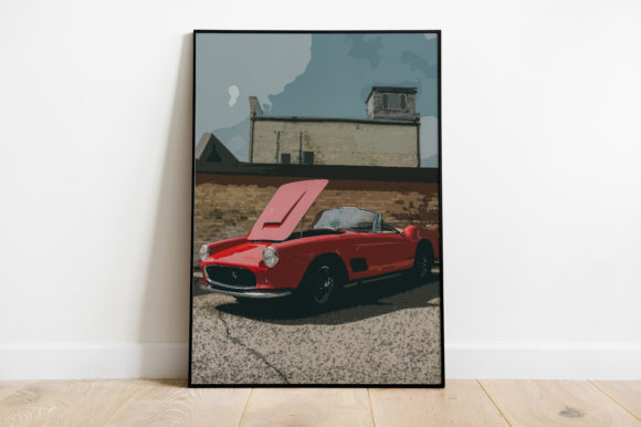 Red Sport Car Retro Watercolor Illustrations