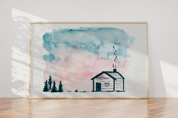 Scenery Wooden House Watercolor Clipart & Illustrations