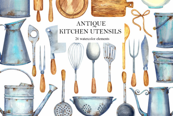 Watercolor Antique Kitchen Utensils Illustrations