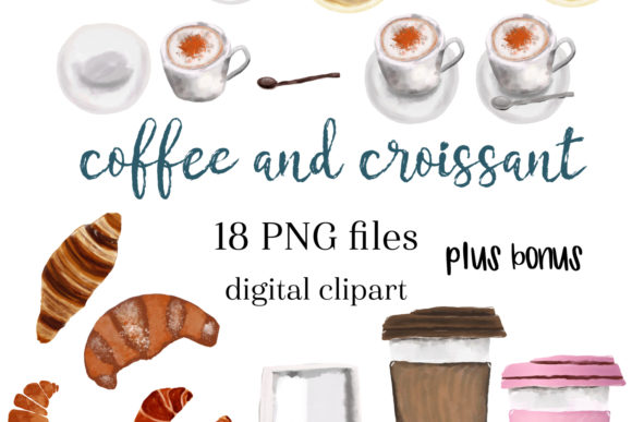 Watercolor Coffee Clipart & Croissant PNG Illustrations