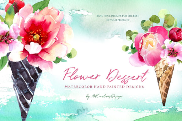 Watercolor Flower Dessert Design Set & Illustrations