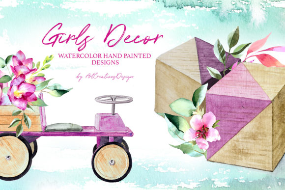 Watercolor Girls Decor Design Set & Illustrations
