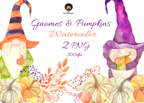 Watercolor Gnomes Pumpkins Illustrations