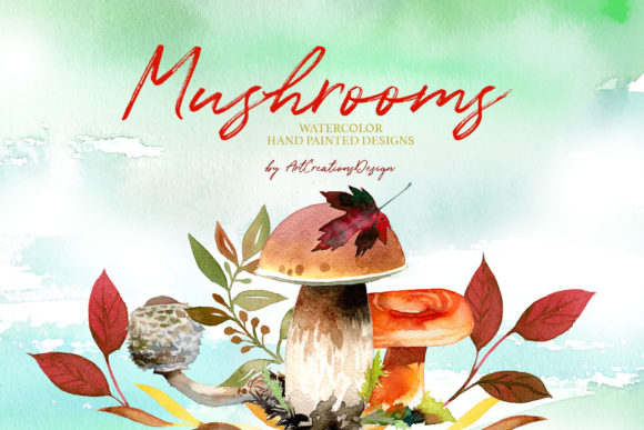 Watercolor Mushrooms Design Set & Illustrations
