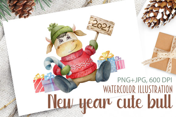 Watercolor New Year Cute Bull Illustrations