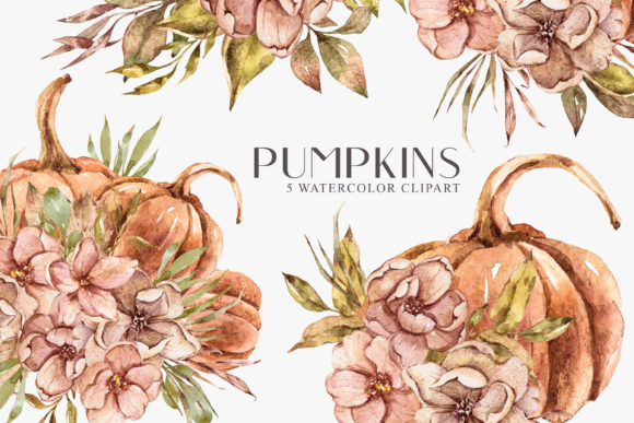 Watercolor Pumpkin Bouquet Clipart & Illustrations