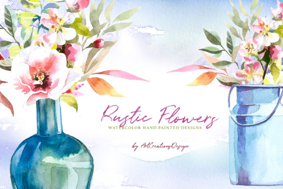 Watercolor Rustic Flowers Design Set & Illustrations