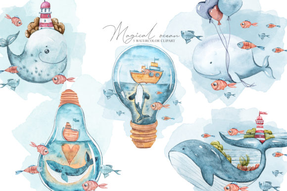 Watercolor Whale Clipart for Branding