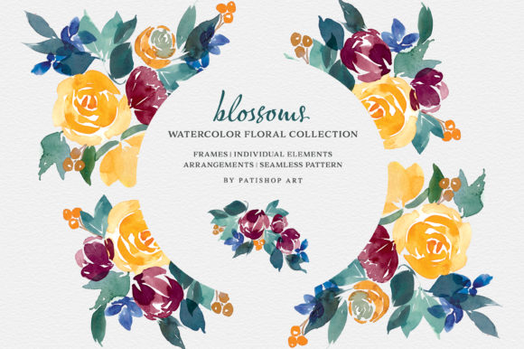 Yellow Burgundy Navy Watercolor Florals